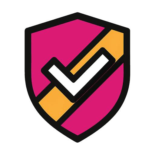 A shield crossed by an amber band, carrying a check mark